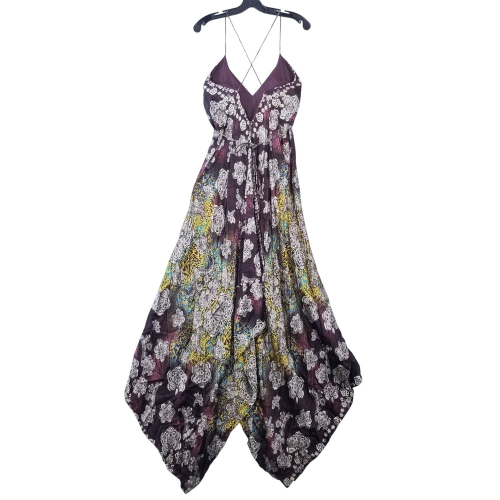 Vintage Y2K Maxi Dress 8 100% Silk Floral High Low Halter Brown Multi Boho Fairy - Picture 9 of 13